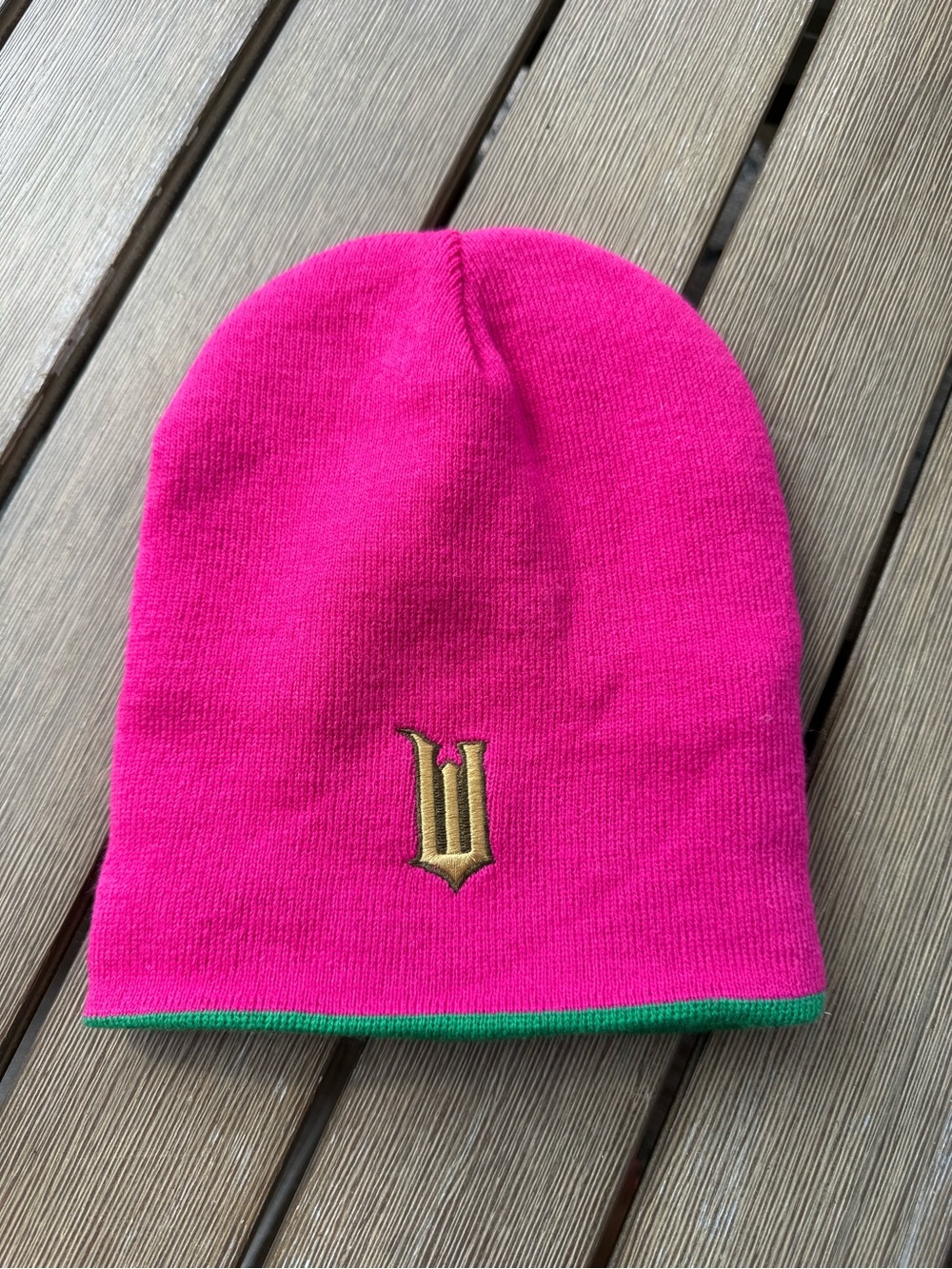 Wicked Reversible Pink Green Knit Beanie Gold W Logo Musical Movie Hat